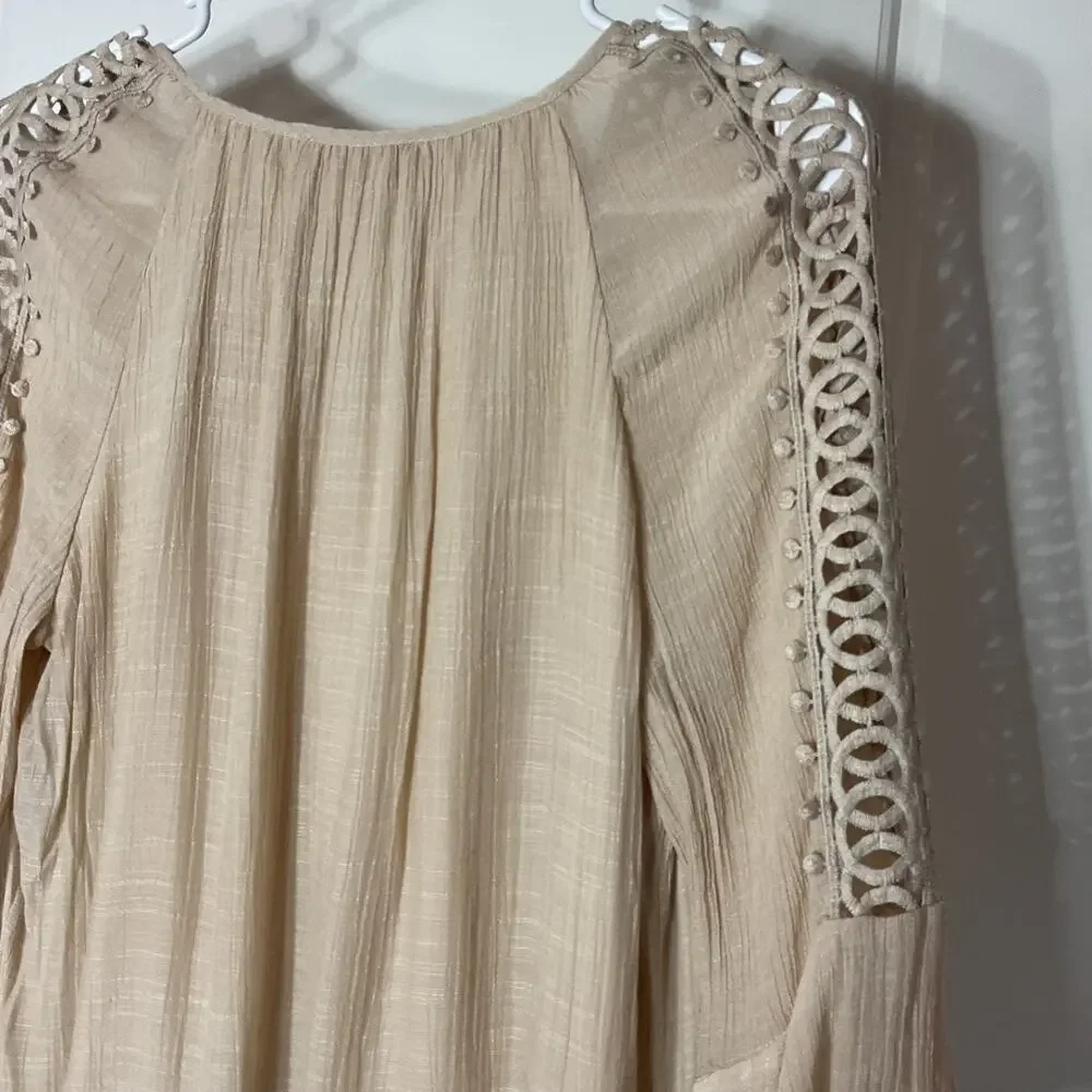 Indigo Rose Beige Crochet Bell Sleeve Lined Boho Peasant Cottage Hippy Tunic M - Picture 6 of 8